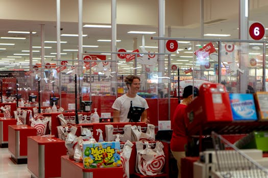 A bustling checkout area in a retail store, capturing the essence of modern shopping.