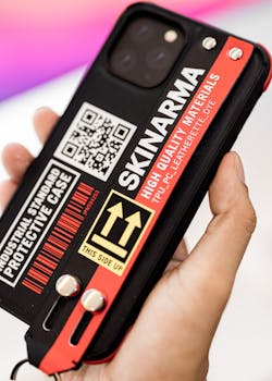 A detailed view of a modern smartphone protective case with bold design elements.