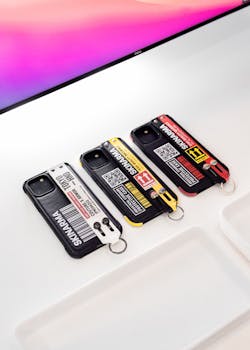 Three colorful smartphone cases arranged on a sleek white desk with ambient lighting.