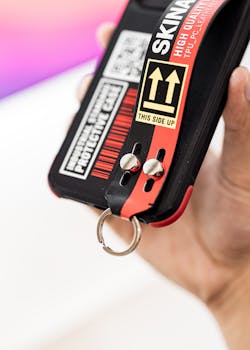 A close-up image of a protective phone case with a strap, held by a hand.