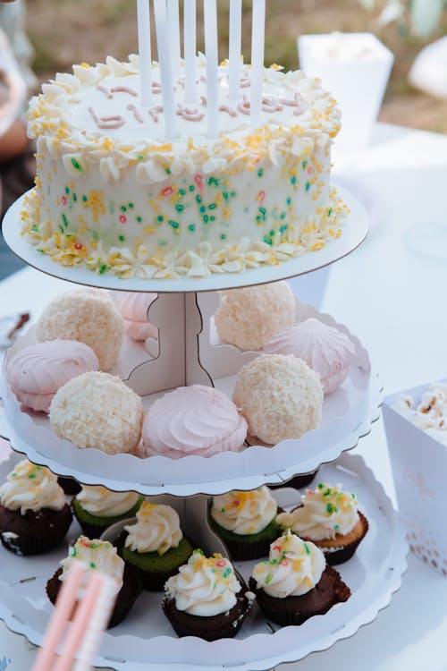 Cupcakes and Birthday Cake on Cakestand