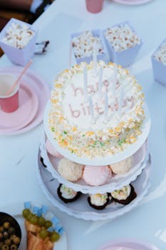 A pastel-themed outdoor birthday party with a decorated cake and snacks on a table.