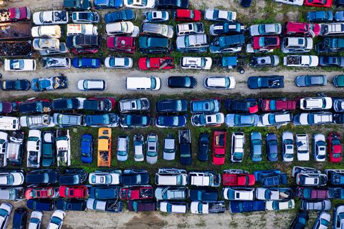 Free High angle shot of a junkyard filled with parked vehicles in Red Wing, Minnesota. Stock Photo