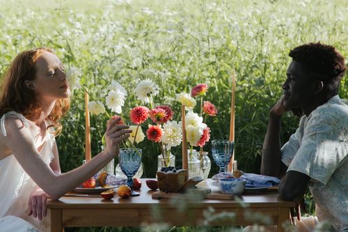 Free A couple enjoys a romantic picnic outdoors with flowers and candlelight, surrounded by nature. Stock Photo