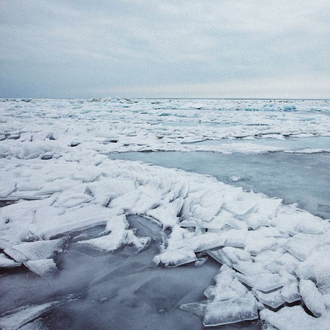 Fotomural Una vista escénica de un vasto mar helado con formaciones de hielo agrietadas en un día nublado de invierno.