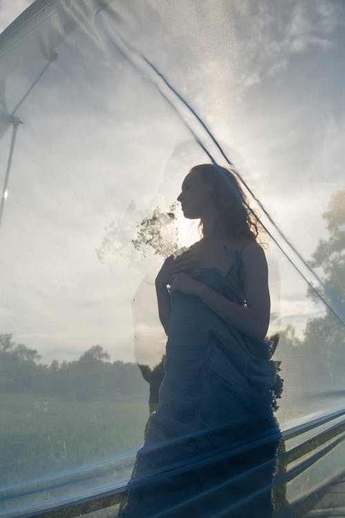Double Exposure Photo of a Woman in a Dress Standing on a Meadow