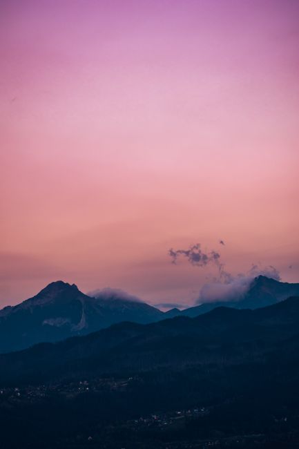 Serene image of a mountain landscape during sunset in Zakopane, Poland.