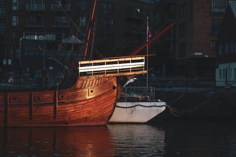 Wooden Ships In Port At Night