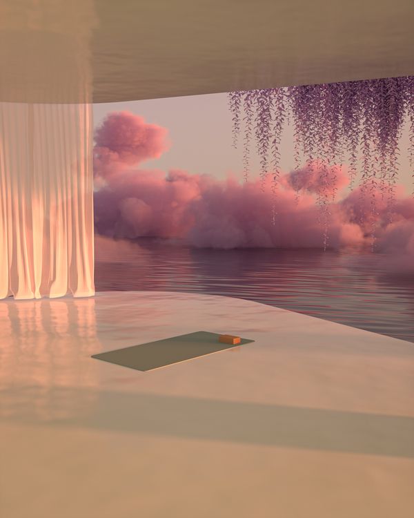 Free A serene indoor space with pink clouds and a yoga mat by the water, perfect for relaxation. Stock Photo