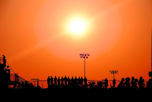 Silhouetted crowd watching a sunset sports event with vivid orange sky.