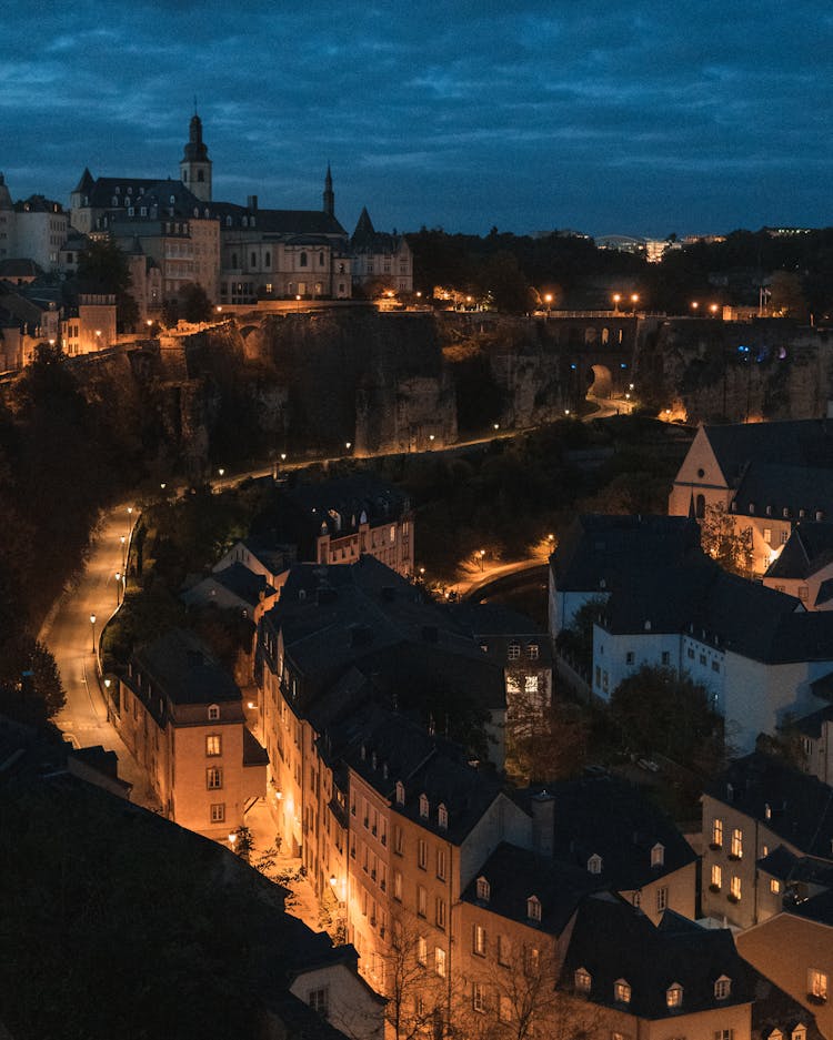 An Aerial Shot Of Buildings In Luxembourg At Night