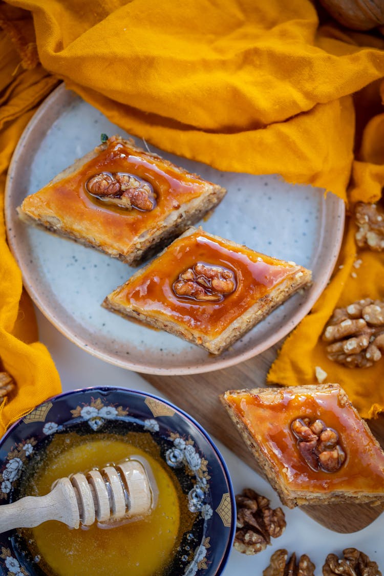 Baklava Chunks Presented With Main Ingredients