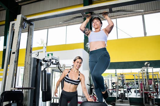 Two women practicing pull-ups in a modern indoor gym environment, emphasizing fitness and training.