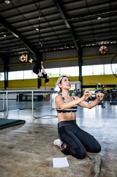 Fit woman exercising in an indoor gym, focusing on fitness routines with a trampoline setup.