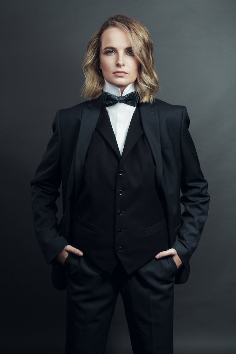 Blond Woman With Long Hair Wearing Tuxedo