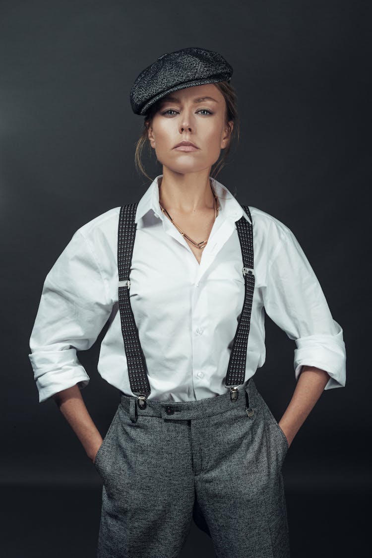 Female Model Wearing Male Bib Pants And Gavroche Hat