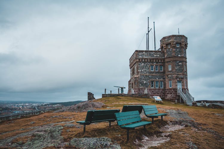 Benches In Front Of Cabot Tower On Signal Hill, Canada