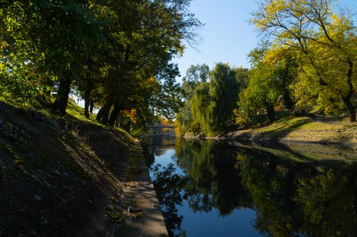 Free Explore a calm autumn landscape featuring a serene river and colorful trees in Timișoara, Romania. Stock Photo