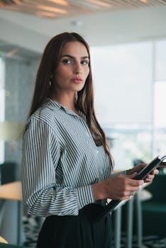 Portrait of a businesswoman holding documents in a modern office.