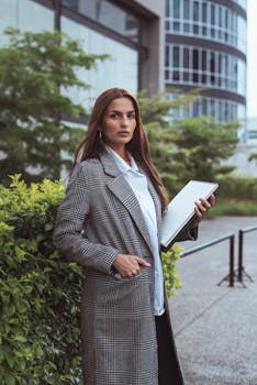 Confident woman in a stylish coat standing outside an office building holding a laptop.