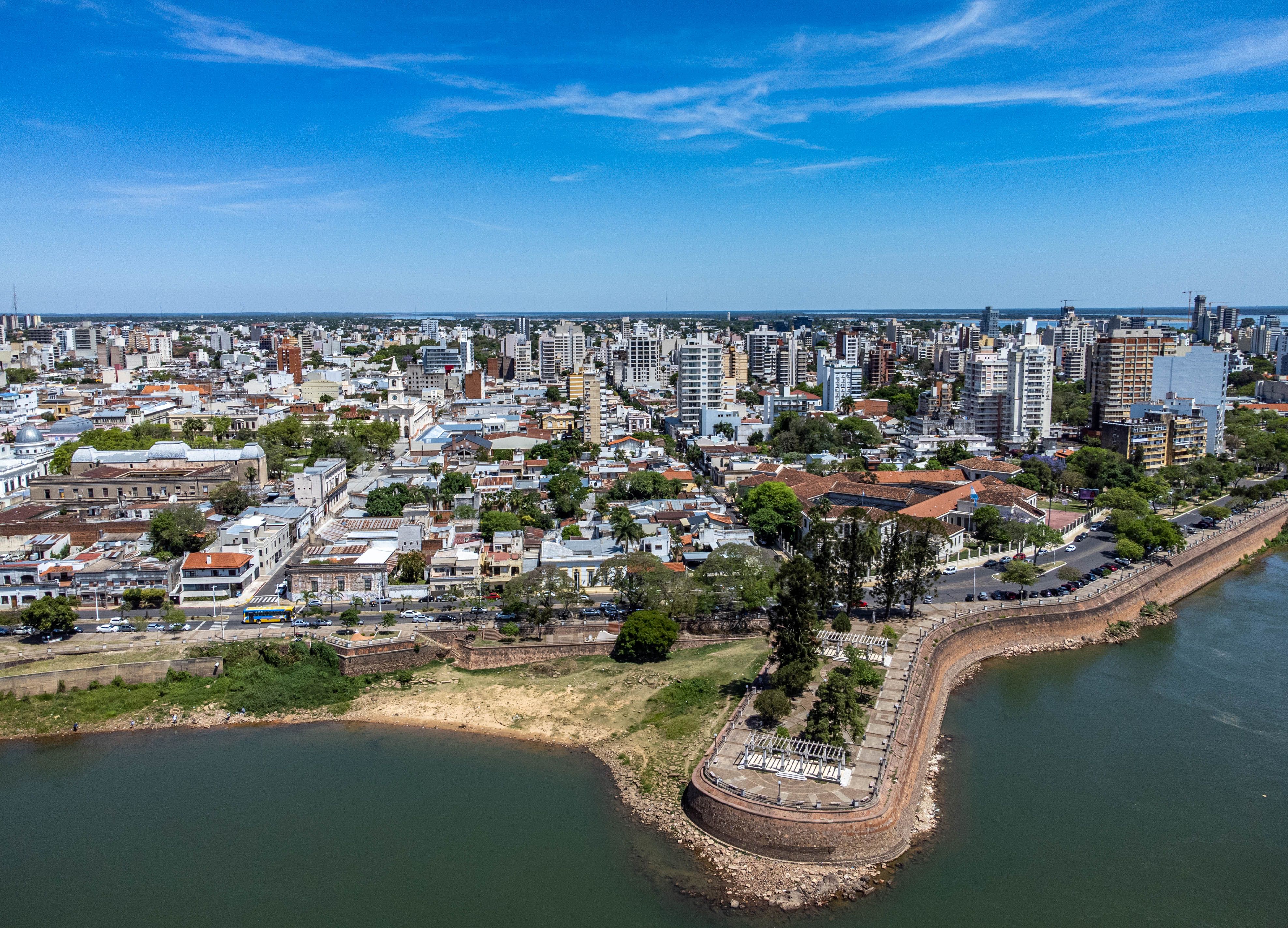 Stunning aerial view of Corrientes, Argentina, showcasing city skyline and scenic waterfront.
