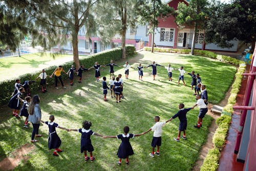 Students Holding Hands on the Grass