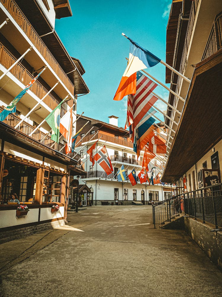 Street Decorated With Flags Of Various Nations