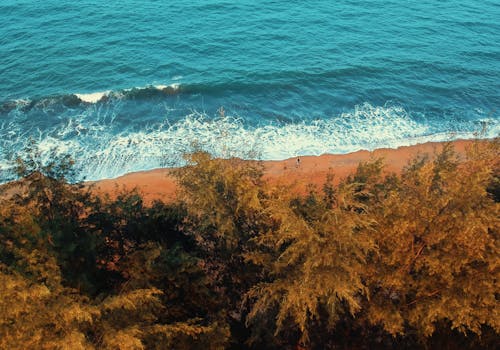 Stunning aerial view of beach and ocean waves in Chukai, Terengganu, Malaysia, surrounded by lush trees.