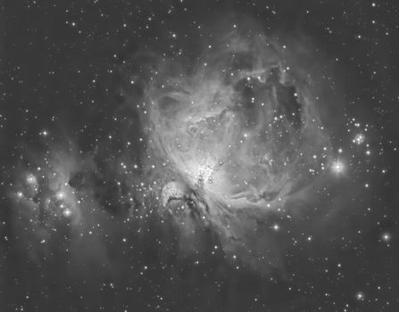 A stunning black-and-white image showcasing the Orion Nebula and surrounding stars in deep space.