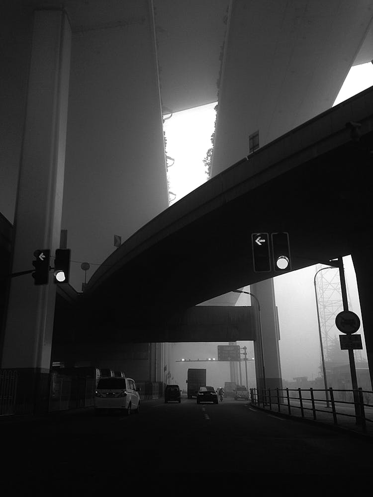 Grayscale Photo Of Cars Under The Skyways