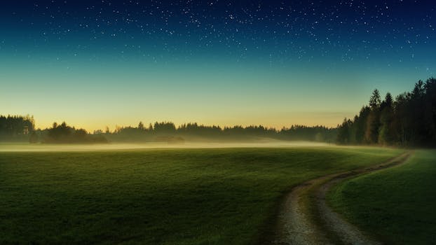 Tranquil rural landscape with mist and starry sky at twilight, perfect for nature lovers
