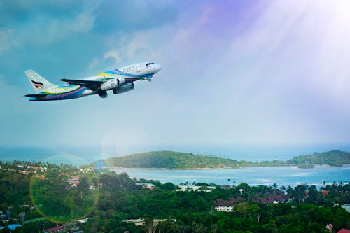 無料 白と青の旅客機の航空写真 写真素材
