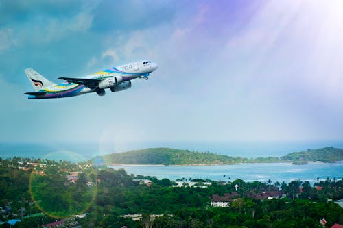 Photographie Aérienne D'avion De Passagers Blanc Et Bleu