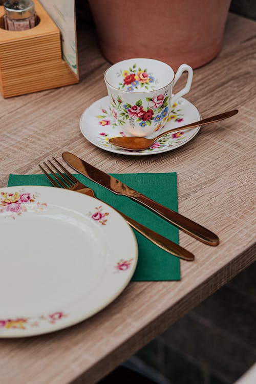 Free Floral Dishware on a Table Stock Photo