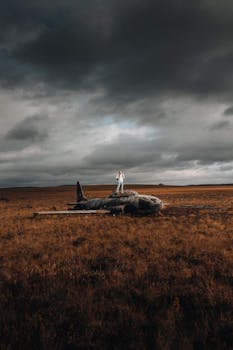 A man stands atop a weathered airplane wreck in a vast overcast grassland.