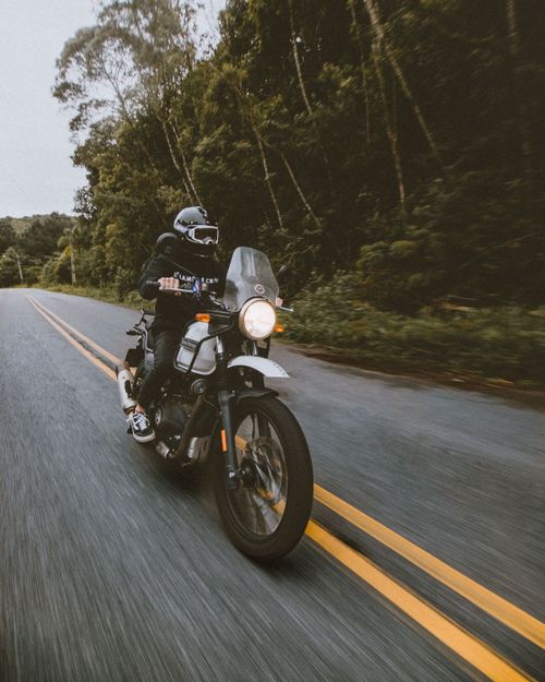 Free Motorcyclist speeding on a scenic road through lush greenery in Curitiba, Brazil. Stock Photo