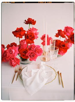 Luxurious table arrangement with red and pink roses, gold cutlery, and candlelight against a white background.