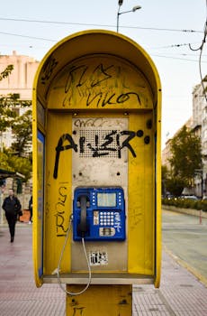 Urban street scene with a vandalized yellow telephone booth in Greece.