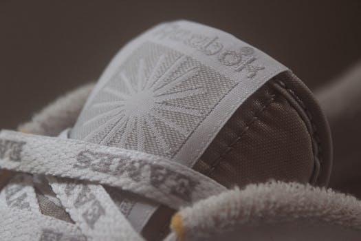 Close-up detail of a Reebok sneaker tongue with laces and logo.