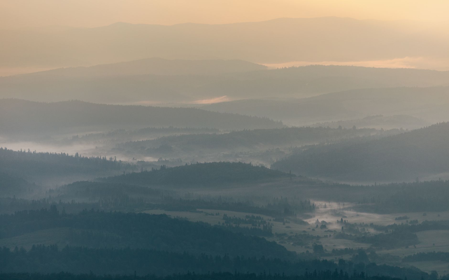 Serene view of misty mountain ranges in Podkarpackie Voivodeship, Poland at sunrise.. serene, view, misty