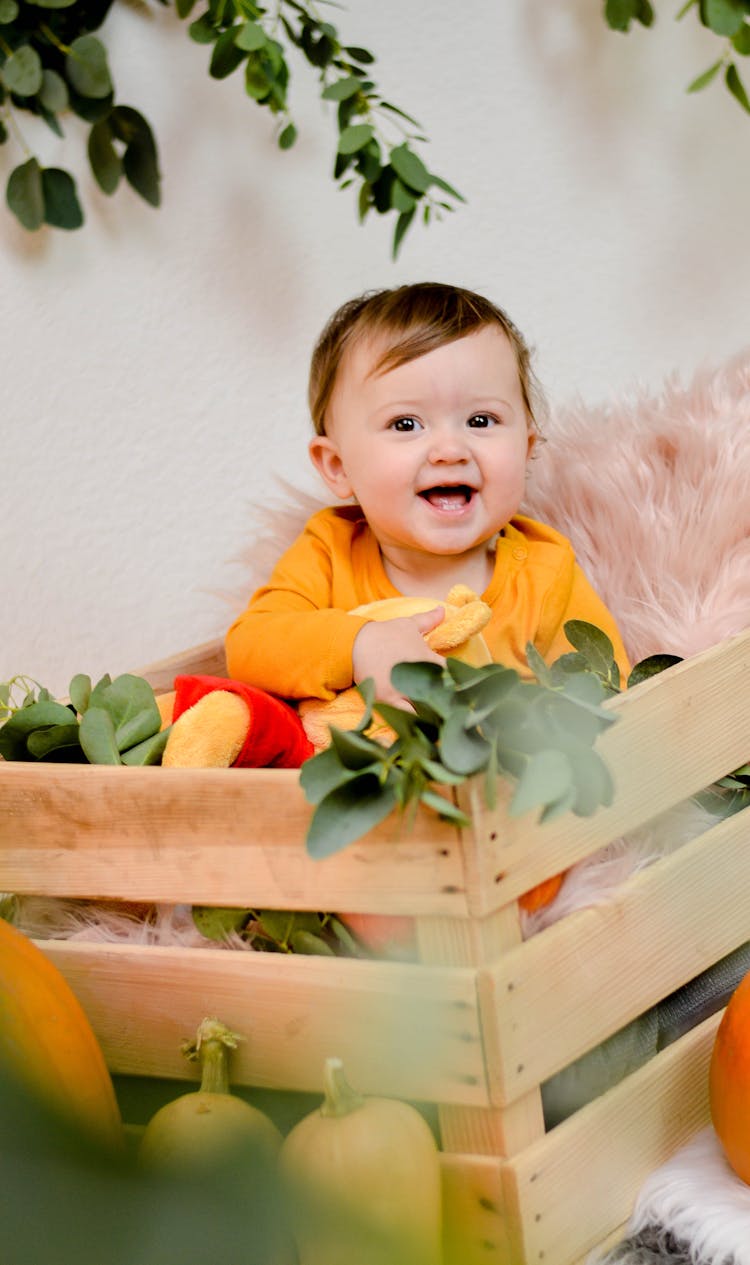 A Toddler Playing Inside A Wooden Box