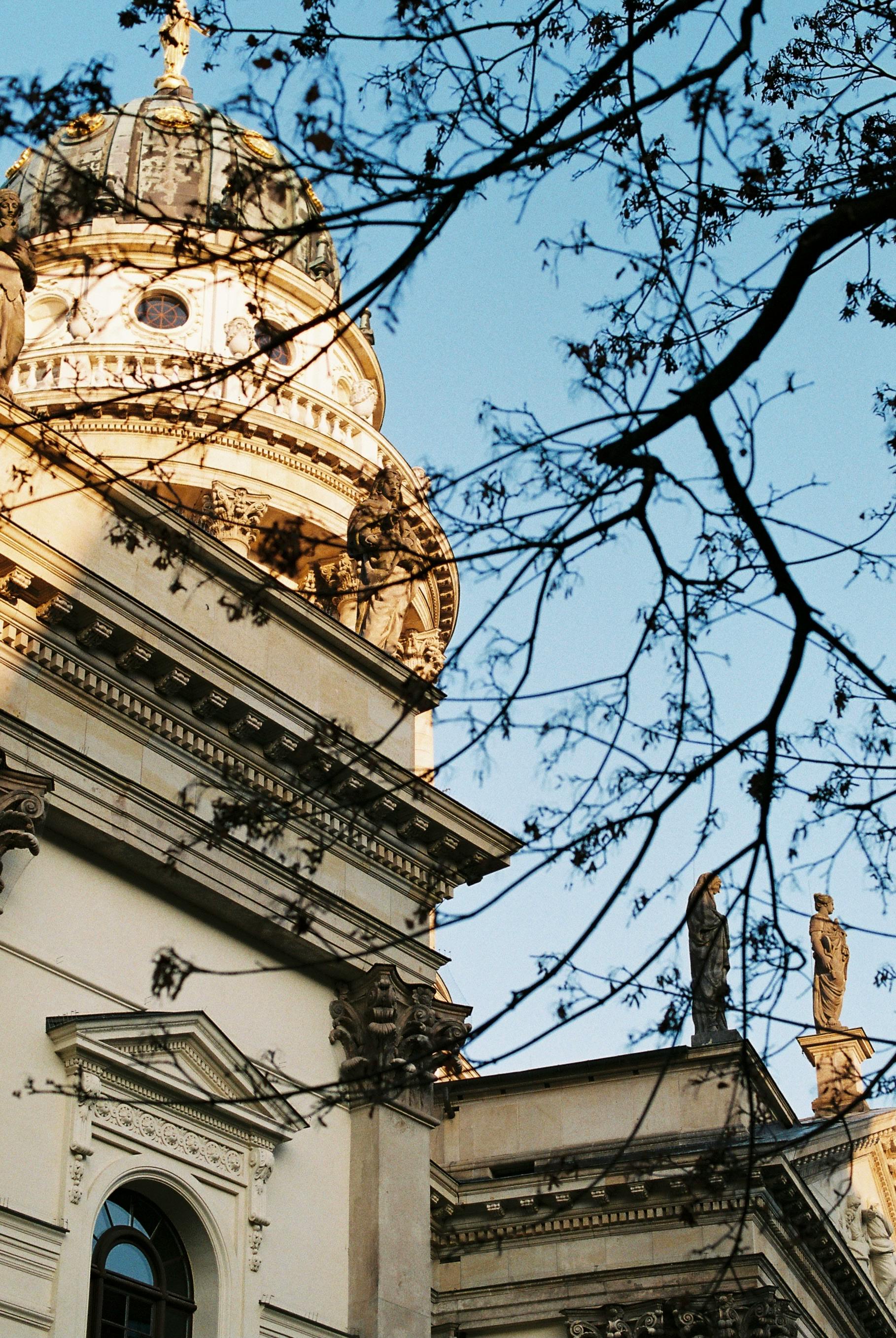 Elegant architecture of a historic church with statues and branches silhouetted against a clear blue sky.