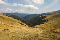 连绵起伏的山丘与郁郁葱葱的森林在充满活力的天空下令人惊叹，非常适合自然爱好者