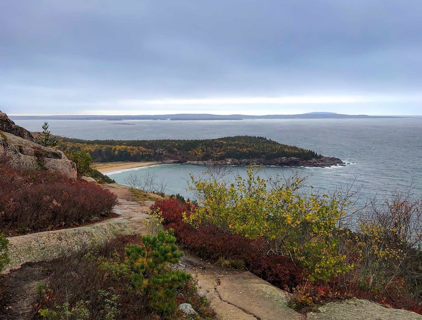 Bar Harbor, Maine with autumn foliage above the ocean