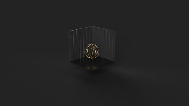 Modern abstract design featuring a golden sphere within a geometric black cage on a dark background.