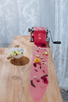 Creative pink pasta with flowers made using pasta maker in bright kitchen setting.