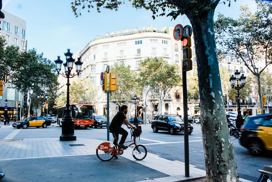 A bustling city street with a cyclist, cars, trees, and architecture in daylight.
