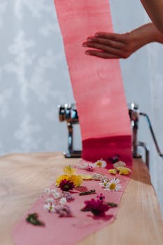 A vibrant strip of pink pasta decorated with colorful edible flowers being prepared with care.