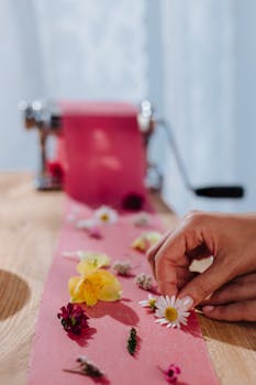 Close-up of handmade pasta decorated with vibrant edible flowers in a kitchen setting.