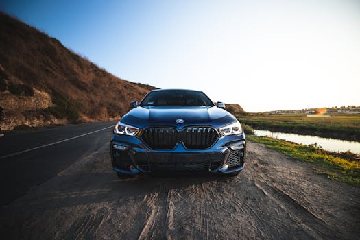 A luxury BMW parked on a scenic road in Newport Beach at sunset, capturing elegance and adventure.